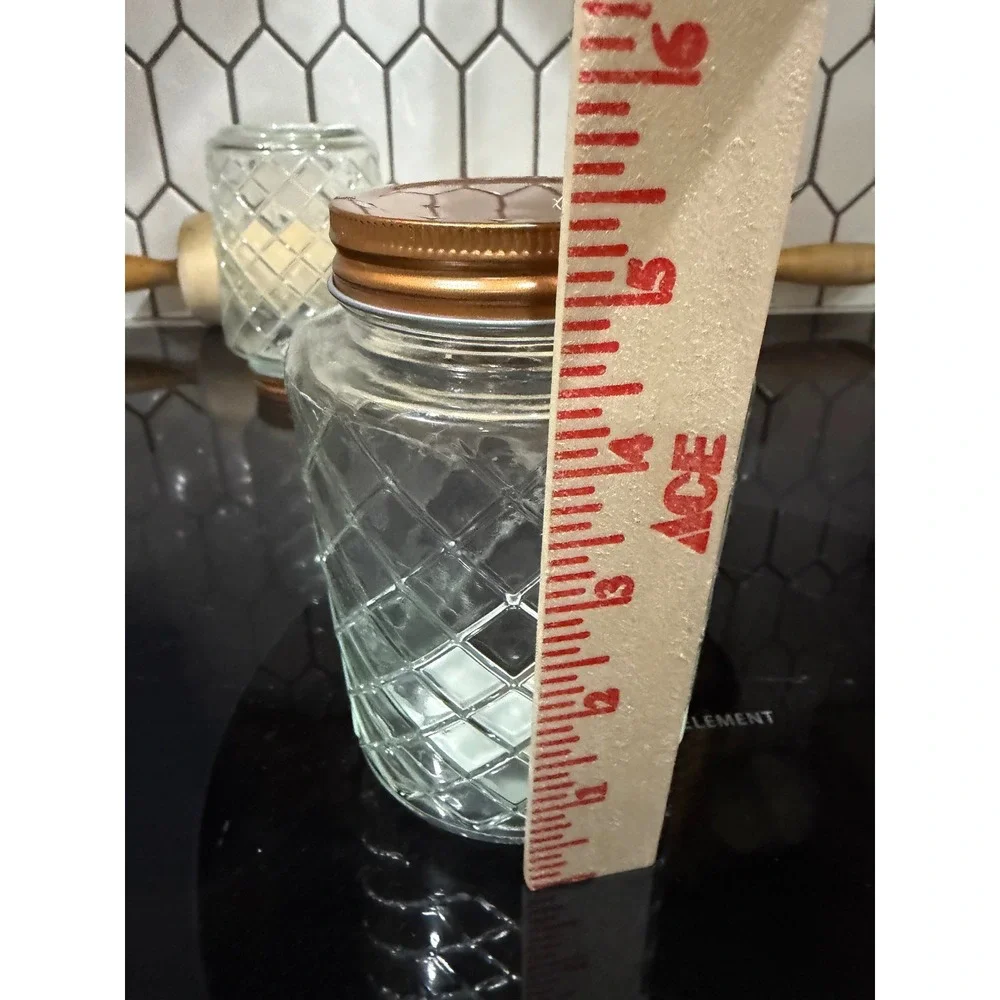 Set of 2 Diamond Textured Glass Jars with Copper Lids 5.5 Inch Storage Canisters